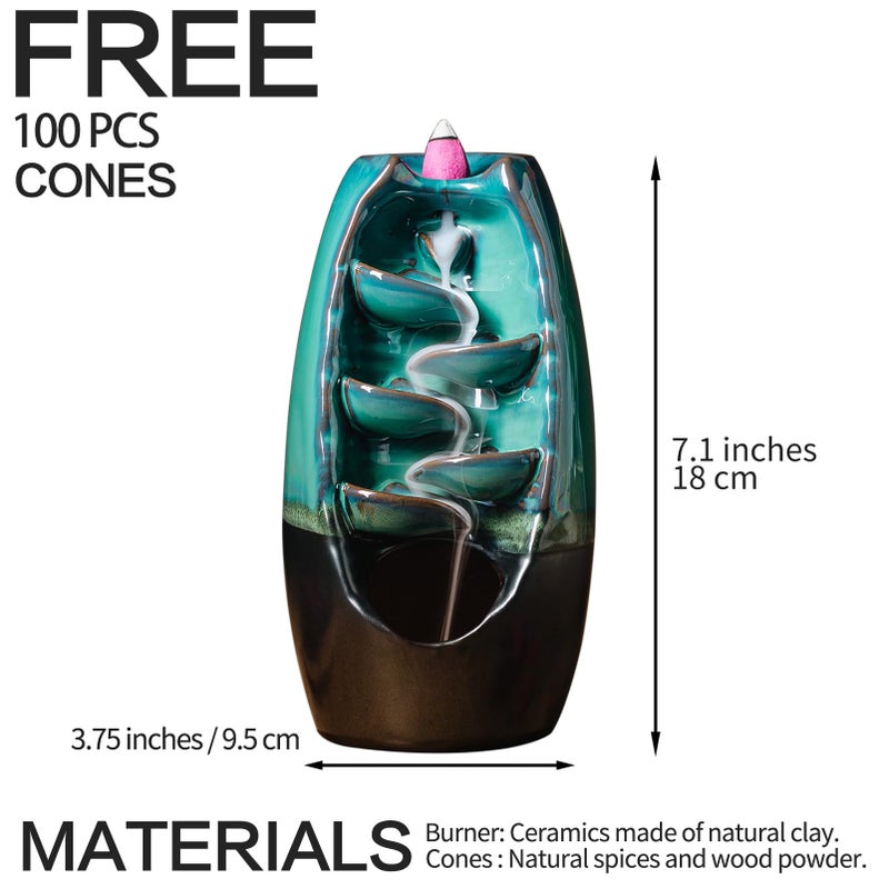 IN ONE INONE Ceramic Incense Burner with 100 Upgraded Cones, Waterfall Backflow Incense Holder, Aromatherapy Ornament, Zen Decor, Home Decor, Room Decor (Cyan) - Image 2